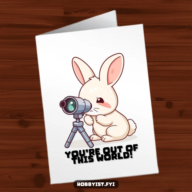 Funny Free Printable Congratulations Card: Curious rabbit peering through a tiny telescope, celebrating new insights, discovery theme.