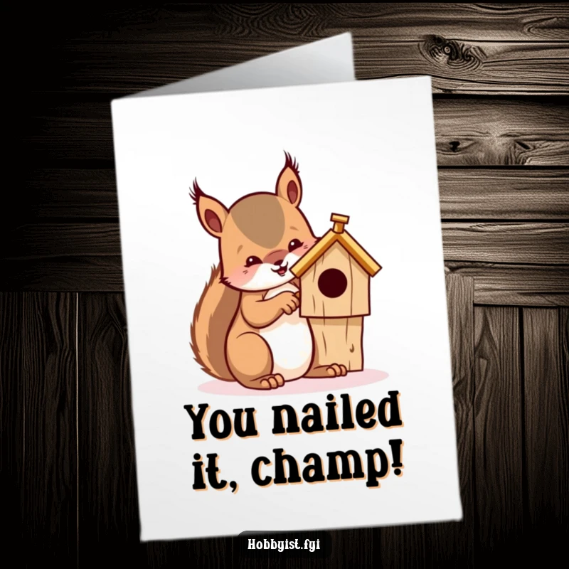 Funny Free Printable Congratulations Card: Squirrel proudly whittling a perfect birdhouse, celebrating achievement, handmade vibe.