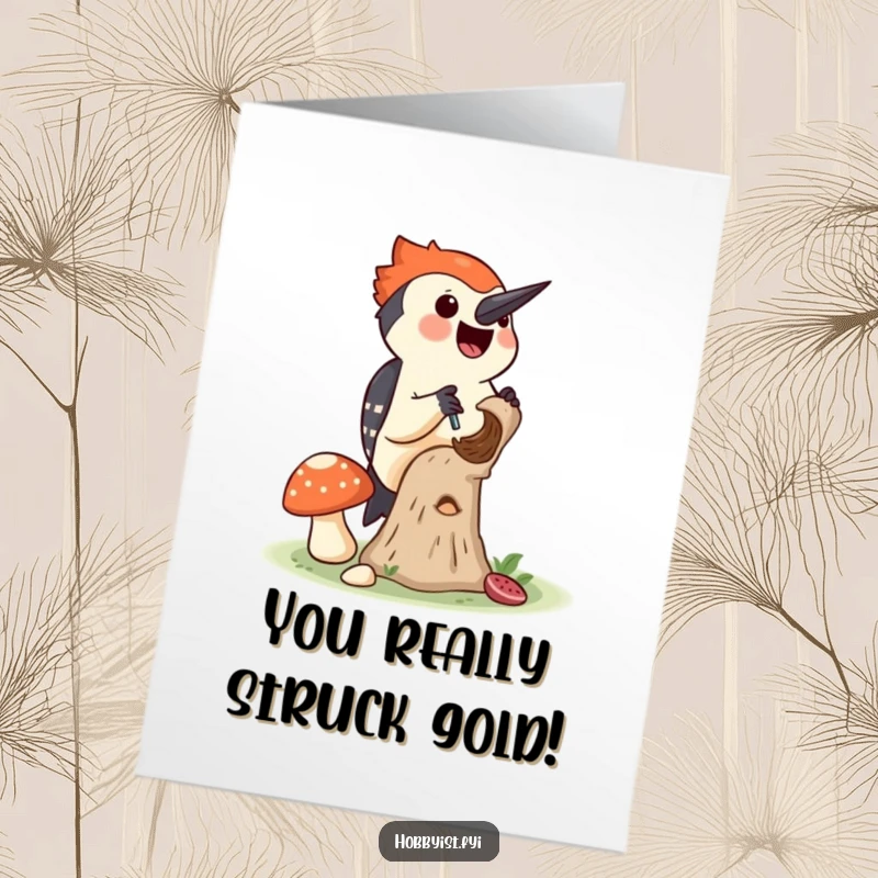Funny Free Printable Congratulations Card: Joyful woodpecker making a tiny hole in a mushroom, celebrating a small victory, industrious spirit.