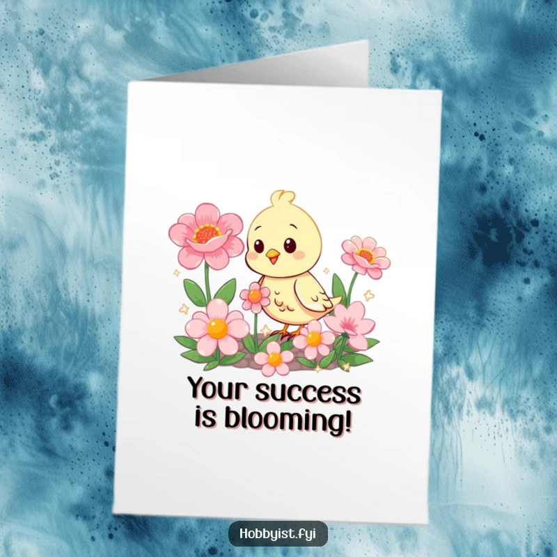 Funny Free Printable Congratulations Card: A happy bird in a garden of oversized, sparkling flowers, symbolizing growth and success.