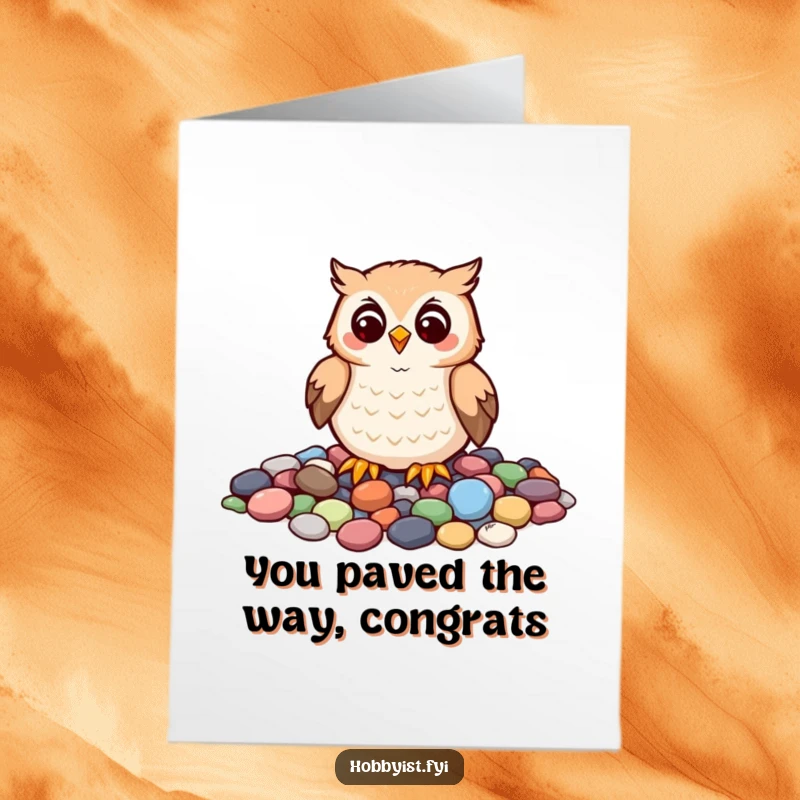 Funny Free Printable Congrats Card: A cheerful owl carefully builds a mosaic from colorful pebbles, celebrating accomplishments artfully.