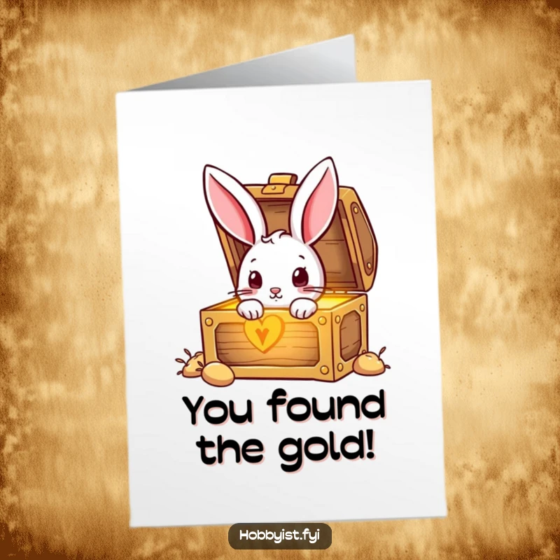 Funny Free Printable Congratulations Card: A curious rabbit joyfully peeking into a glowing treasure chest, celebrating good fortune.