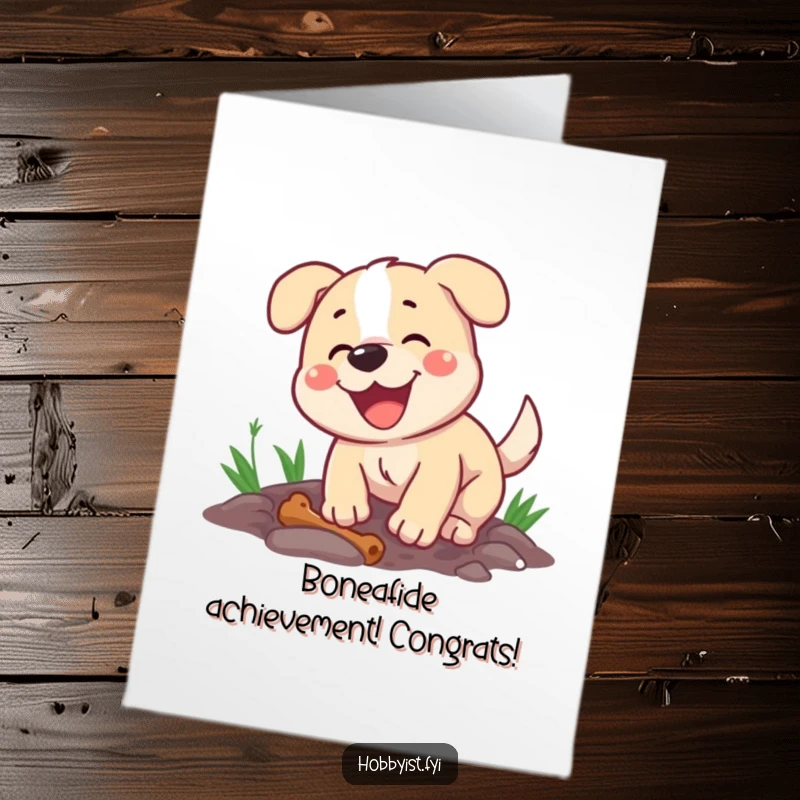 Funny Free Printable Congratulations Card: Happy dog energetically digging a hole with a bone nearby, symbolizing unearthed success and joy.
