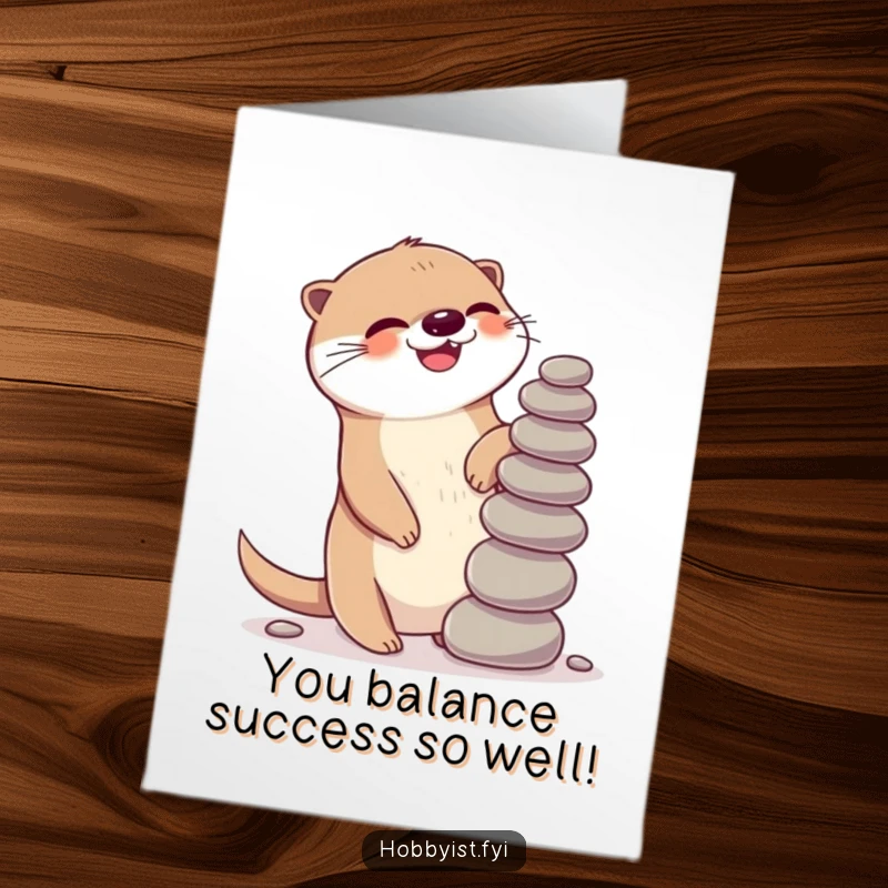 Funny Free Printable Kawaii Otter Congratulations Card, a giggling otter balancing pebbles, ideal for a downloadable congratulations gift.