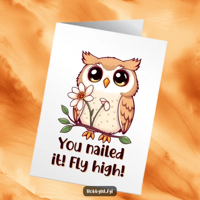 Funny Free Printable Kawaii Owl Congratulations Card, a charming owl with large eyes inspecting a flower, ideal for a downloadable gift.