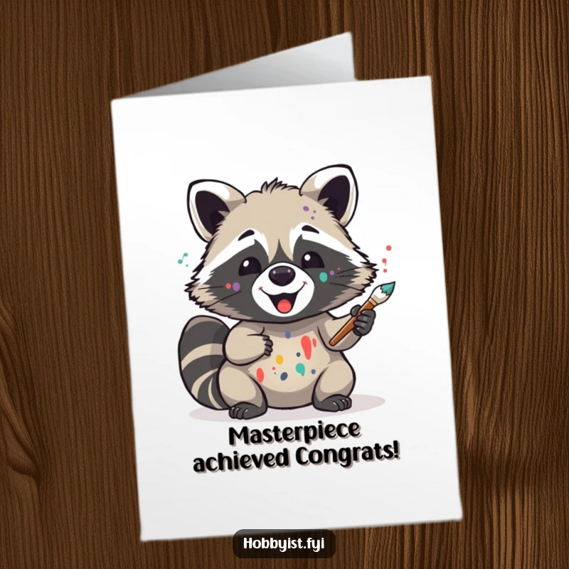 Funny Free Printable Congratulations Card: Happy Raccoon artist covered in paint, holding a brush, exuding creative accomplishment.