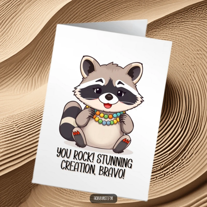 Funny Free Printable Congratulations Card: A giggling raccoon proudly displays its beadwork, celebrating success.