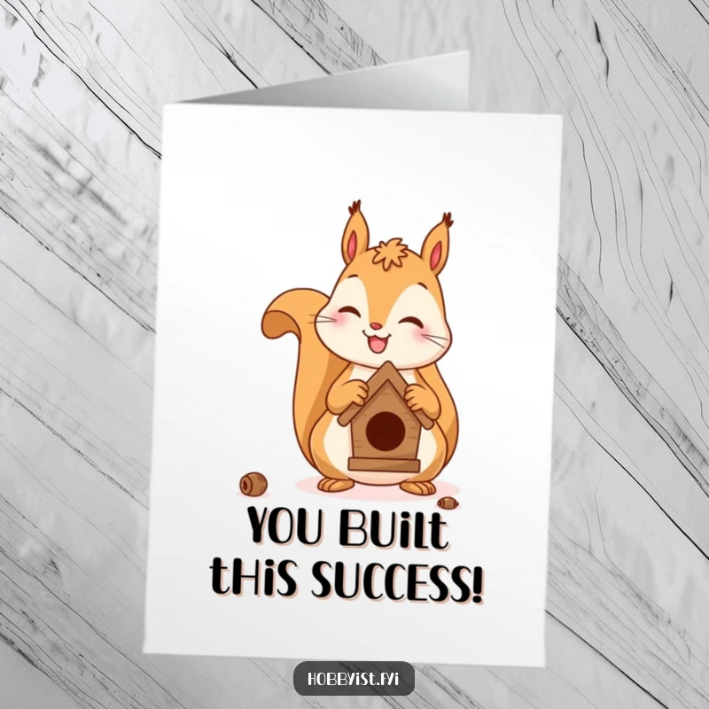 Funny Free Printable Congratulations Card: Squirrel building a birdhouse, ideal for celebrating achievements, unique gift.