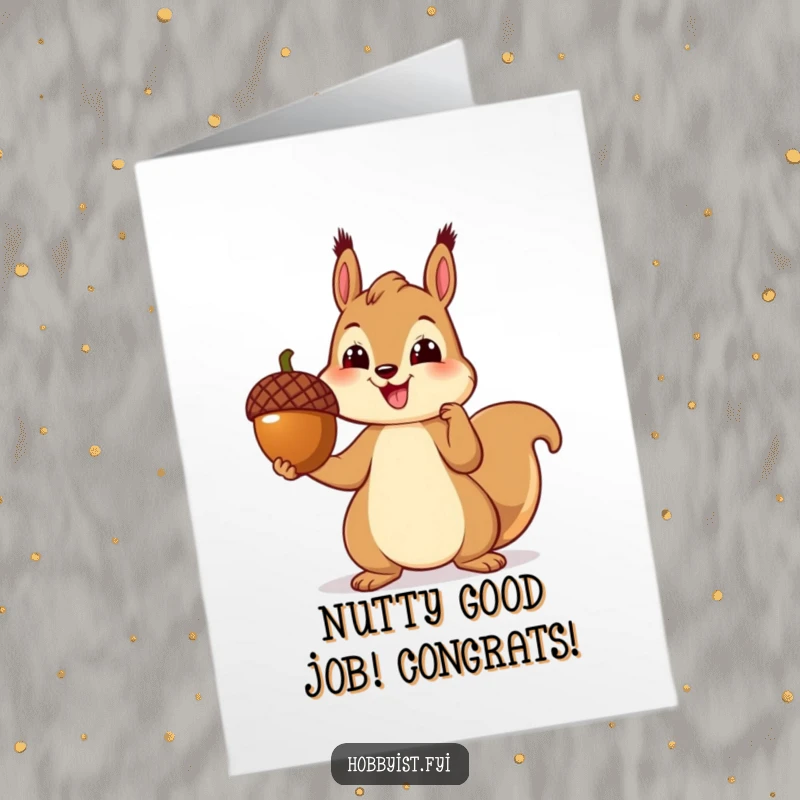 Funny Free Printable Congratulations Card: Cheerful squirrel proudly presenting a perfectly crafted acorn sculpture, celebrating a brilliant achievement.