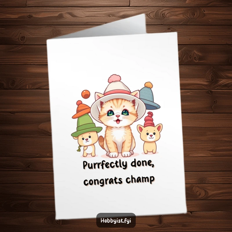 Funny Free Printable Congrats Card: A curious kitten models various oversized hats with pure delight, celebrating achievements with charm.