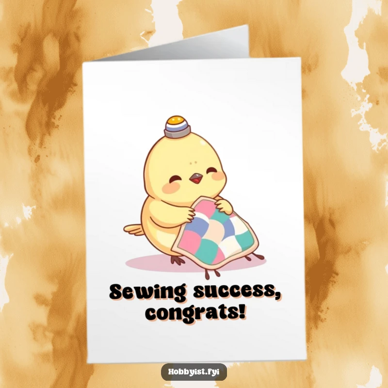 Funny Free Printable Congratulations Card: A small bird with a thimble on its head sewing a tiny quilt
