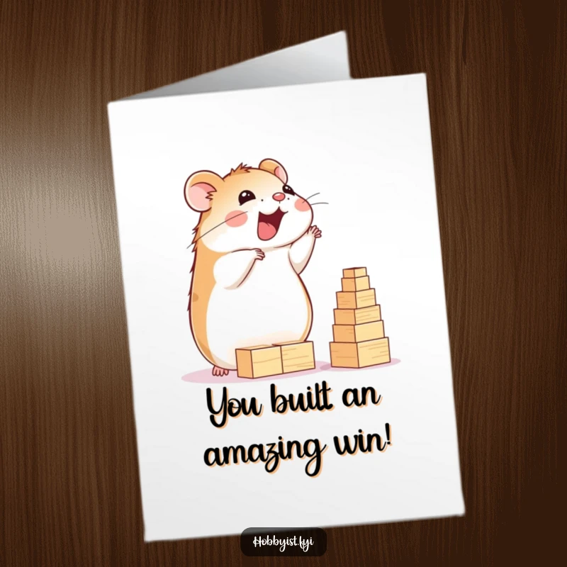 Funny Free Printable Congratulations Card: A delighted hamster proudly stacking tiny wooden blocks into a towering structure, signifying a great accomplishment.