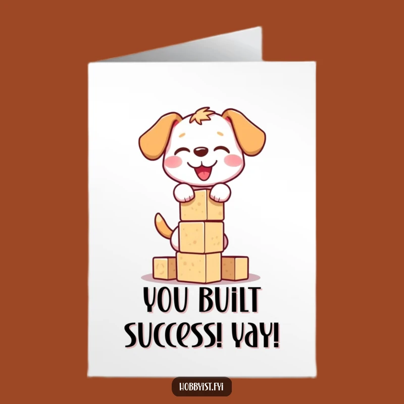 Free Printable Congrats Card: Funny Dog, Block Tower, Success DIY Download