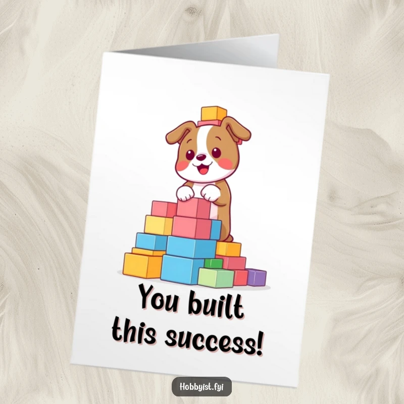 Funny Free Printable Congratulations Card: A happy dog proudly builds a tall tower of colorful blocks, celebrating success.