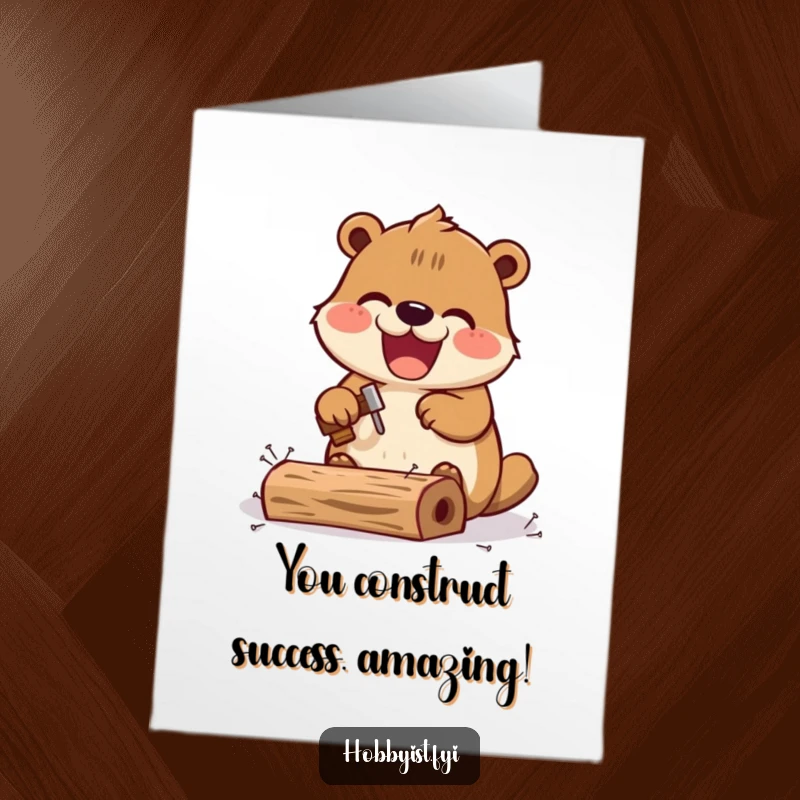 Funny Free Printable Kawaii Beaver Congratulations Card, a delighted beaver building a structure, ideal for a downloadable gift.