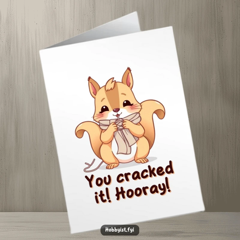 Funny Free Printable Congratulations Card: A happy squirrel busy knitting a small scarf, celebrating success with craftiness.