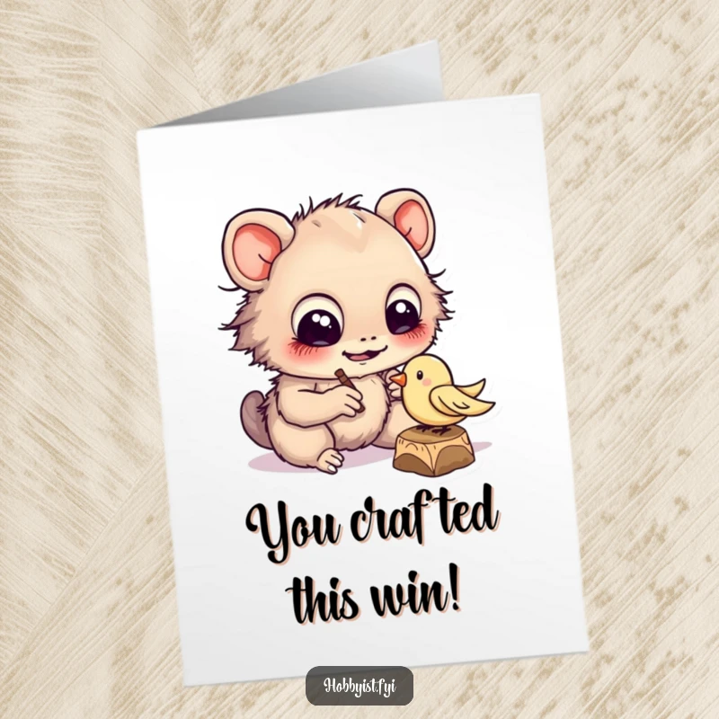 Funny Free Printable Congratulations Card of a creature carving a wooden bird, celebrating achievement with diligent craftsmanship.