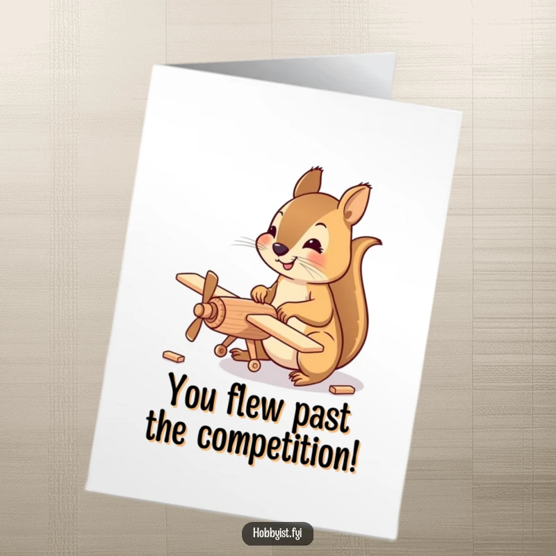 Funny Free Printable Congratulations Card: A happy squirrel assembling a small wooden model airplane, with tools nearby.