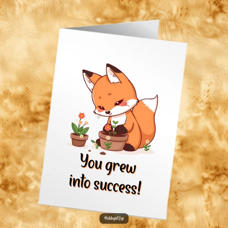 Funny Free Printable Congratulations Card: Determined kawaii fox character proudly tending a pot of thriving, tiny blooming flowers, signifying success.