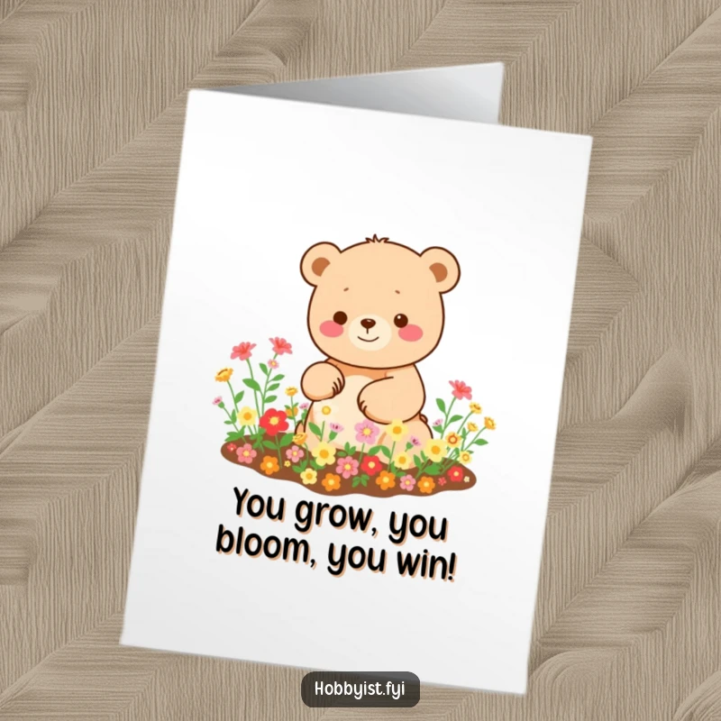 Funny Free Printable Kawaii Bear Congratulations Card, a happy bear tending a garden full of flowers, ideal for a downloadable gift.