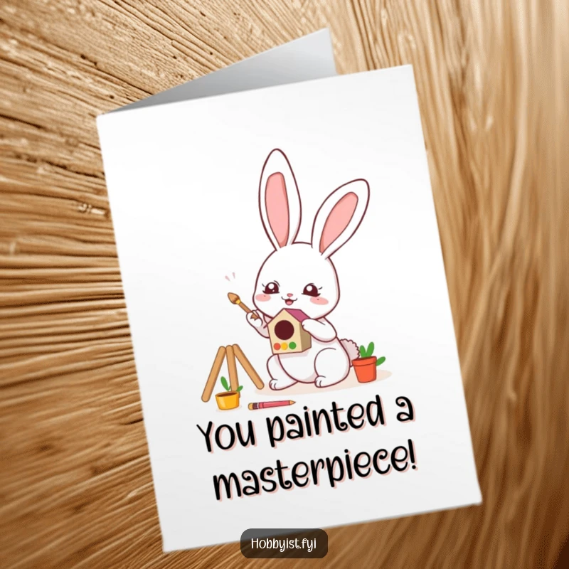 Funny Free Printable Congratulations Card: Adorable kawaii bunny character intently painting a small, colorful birdhouse, celebrating success.