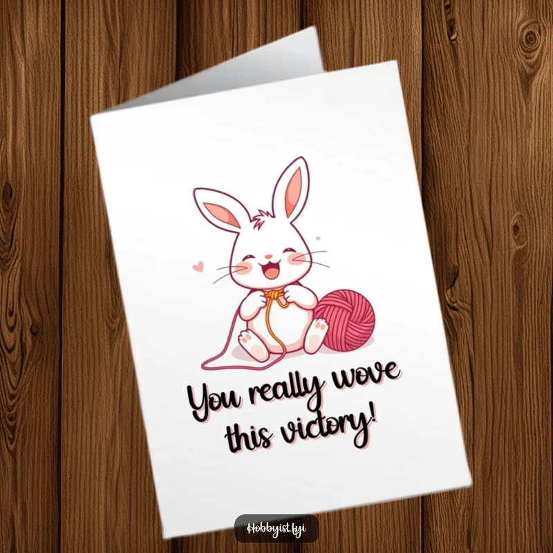Funny Free Printable Congratulations Card: A joyful rabbit knitting a colorful yarn ball, with a celebratory bow on top.