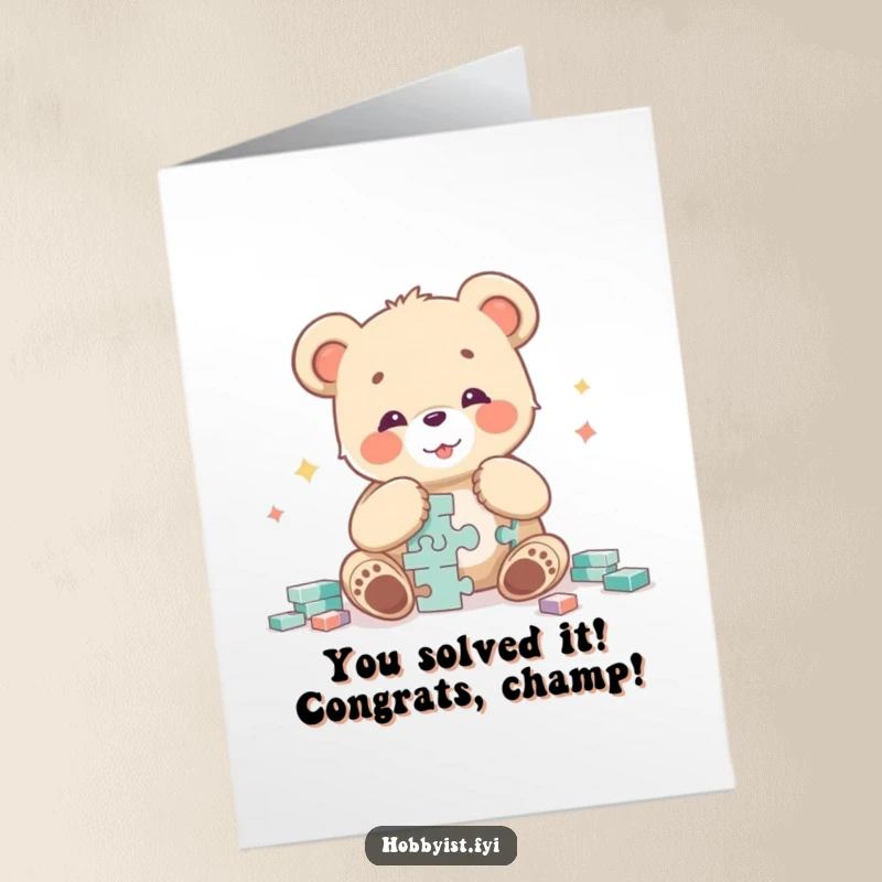 Funny Free Printable Congratulations Card: Excited bear cub showing off a completed, complex puzzle with a triumphant grin.