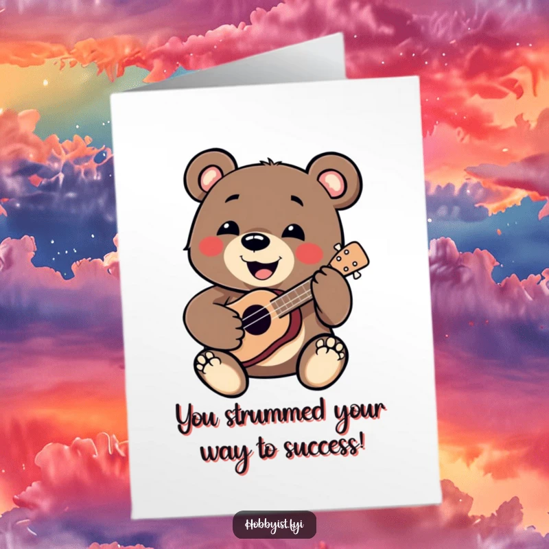Funny Free Printable Congratulations Card: Cheerful bear enthusiastically playing a miniature ukulele, celebrating achievements with a musical flourish.