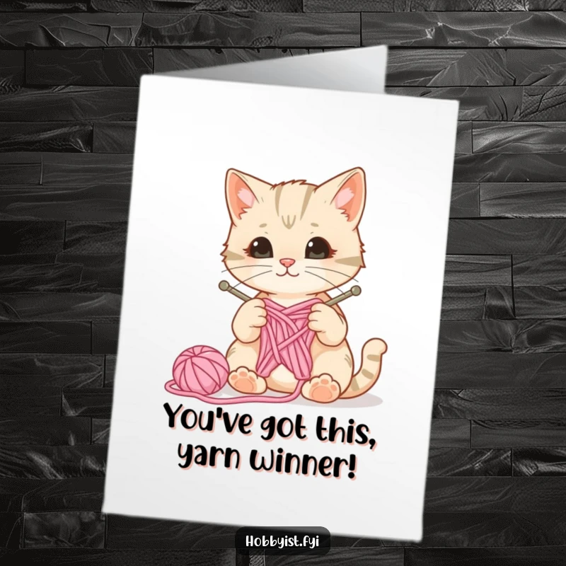 Funny Free Printable Congratulations Card: Curious cat playing with knitting needles and yarn, a wool ball bouncing, celebrating a crafty success.