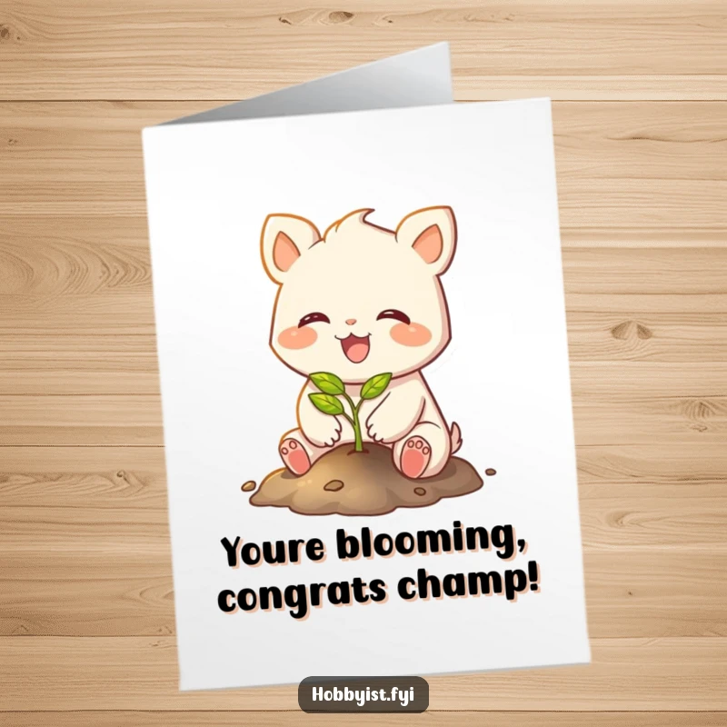 Funny Free Printable Congratulations Card: a joyful creature with small paws plants a tiny, glowing sapling, representing new growth.