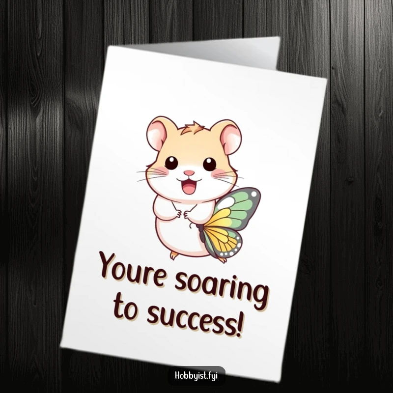 Funny Free Printable Congratulations Card: A hamster joyfully riding a butterfly, symbolizing triumphant achievement.