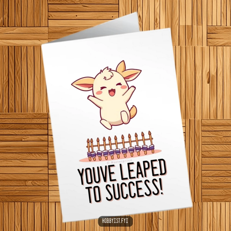 Funny Free Printable Congratulations Card: A creature with flapping ears energetically jumping over tiny knitting needles.