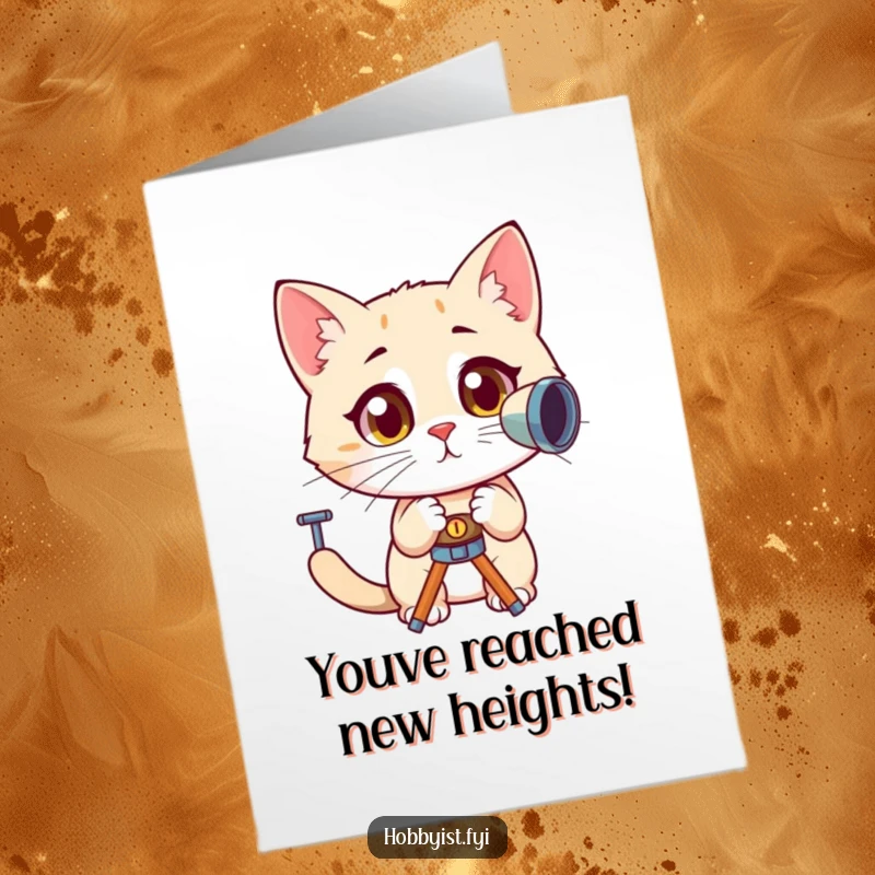 Funny Free Printable Congratulations Card: A curious cat with wide eyes gazes through a telescope, discovering something amazing.