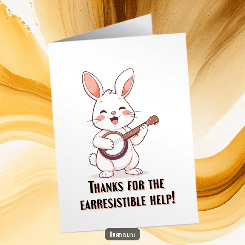 Funny Free Printable Thank You Card: A cheerful bunny energetically playing a small banjo, expressing heartfelt thanks musically.