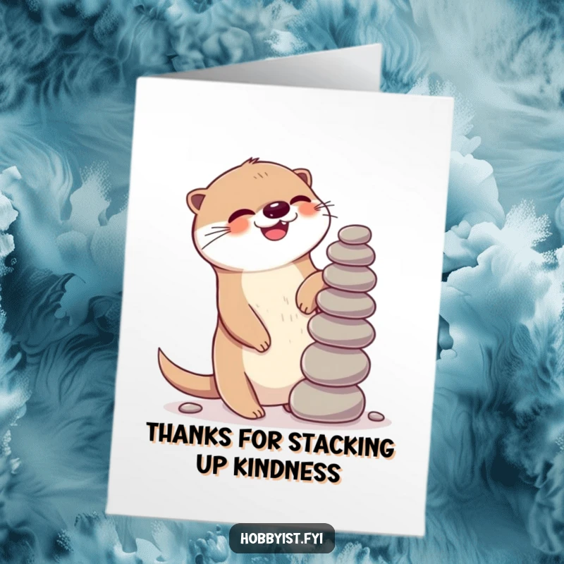 Funny Free Printable Kawaii Otter Thank You Card, a giggling otter balancing a stack of stones, perfect for a downloadable thank you.