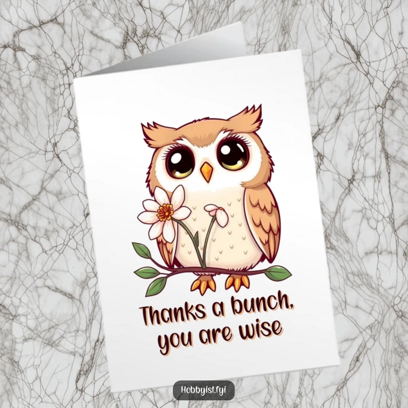 Funny Free Printable Kawaii Owl Thank You Card, a curious owl looking at a flower, perfect for a downloadable thank you gift.