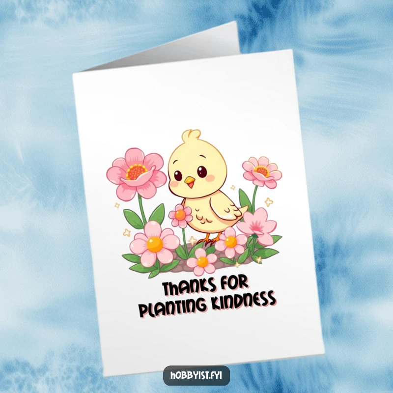 Funny Free Printable Thank You Card: A happy bird caring for oversized, sparkling flowers, a unique way to say thanks.