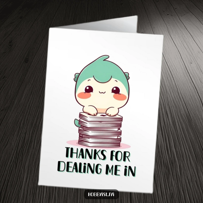 Funny Free Printable Thank You Card: A creature tips precariously while balancing a huge stack of playing cards, showing gratitude in a comical way.