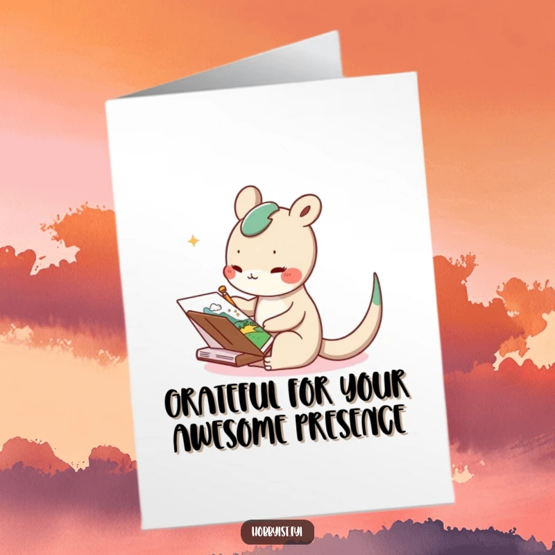 Funny Free Printable Thank You Card: a delighted long-tailed creature sketching a landscape, conveying heartfelt thanks with artistic flair.