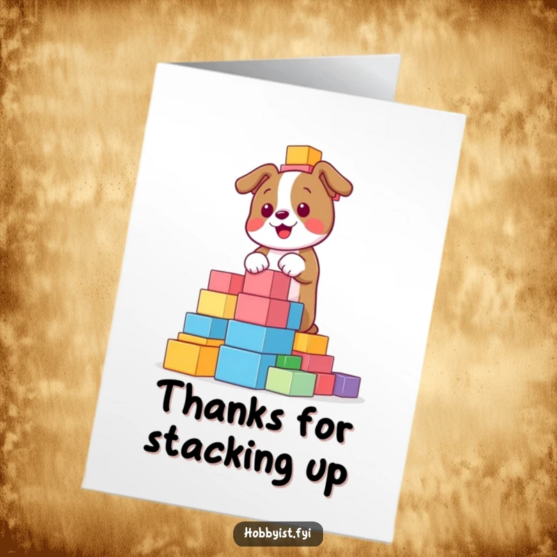 Funny Free Printable Thank You Card: A happy dog builds a block tower, offering a sweet and playful thank you.