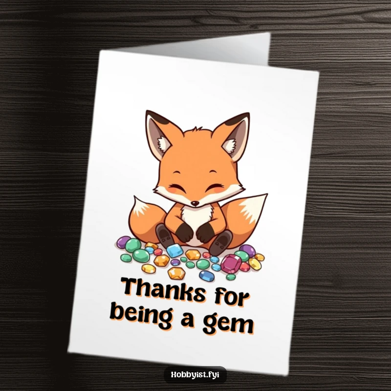 Funny Free Printable Thank You Card: A diligent fox carefully arranges gemstones, symbolizing precious gratitude. Downloadable art.