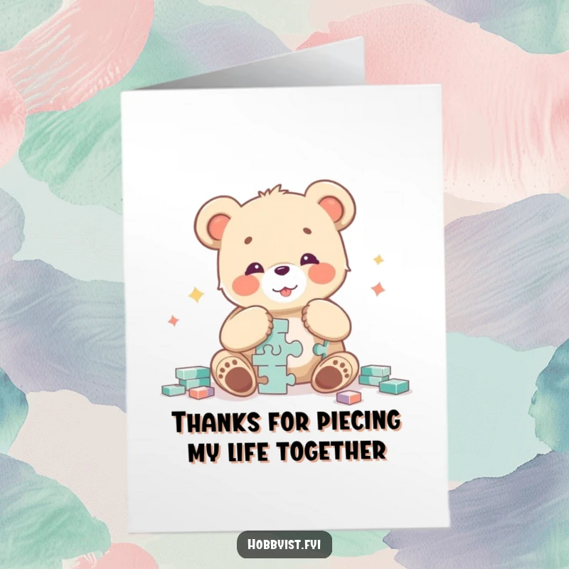 Funny Free Printable Thank You Card: Joyful bear cub pauses from a complex puzzle to offer heartfelt thanks.