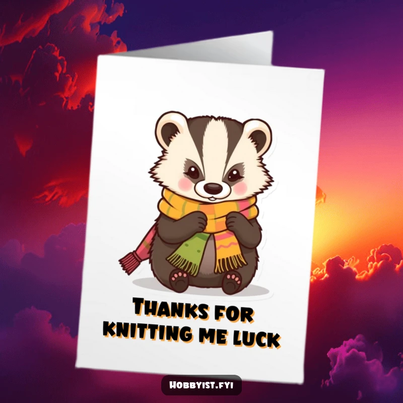 Funny Free Printable Thank You Card: Skilled kawaii badger character knitting a miniature scarf, offering warm and cozy thanks.
