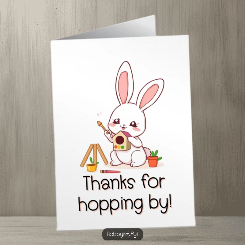 Funny Free Printable Thank You Card: Cute kawaii bunny character happily painting a tiny, colorful birdhouse, sending thanks.
