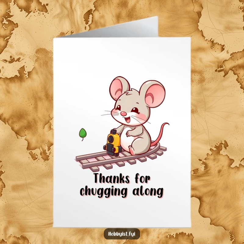 Funny Free Printable Thank You Card: Smiling mouse proudly watching over his miniature train tracks, offering thanks.