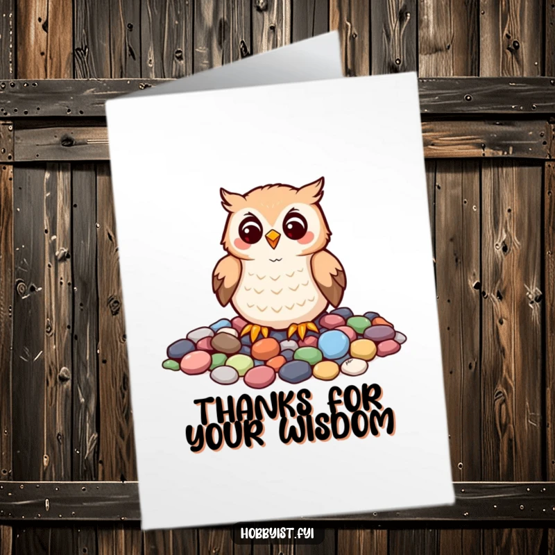 Funny Free Printable Thank You Card: A cheerful owl patiently arranges colorful pebbles into an intricate mosaic, expressing thanks.