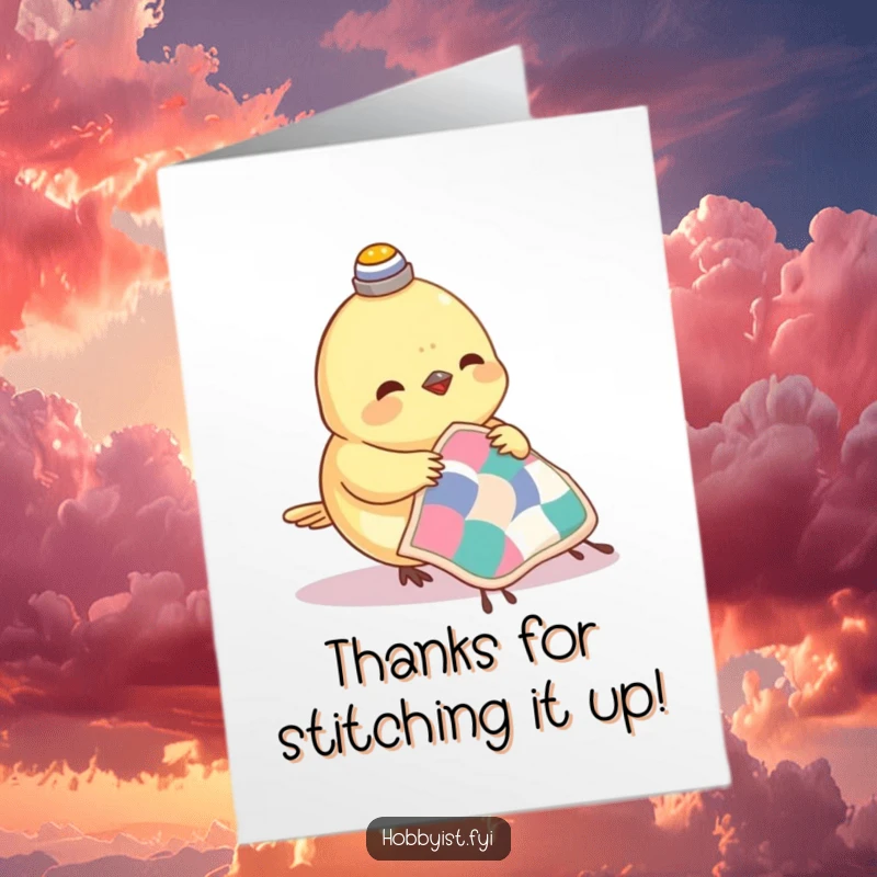 Funny Free Printable Thank You Card: A small bird with a thimble on its head sewing a tiny quilt