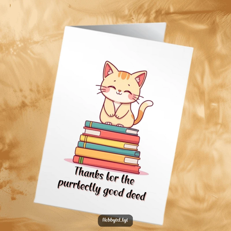 Funny Free Printable Thank You Card: A smiling cat balances on art books, conveying thanks with playful elegance.