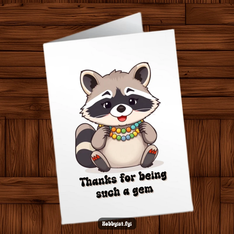 Funny Free Printable Thank You Card: A giggling raccoon proudly shows off a colorful beaded necklace, conveying thanks.