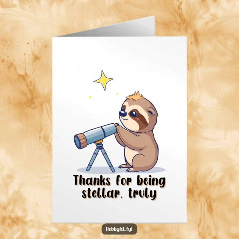 Funny Free Printable Thank You Card: A curious sloth uses a telescope to admire a twinkling star, expressing thanks.